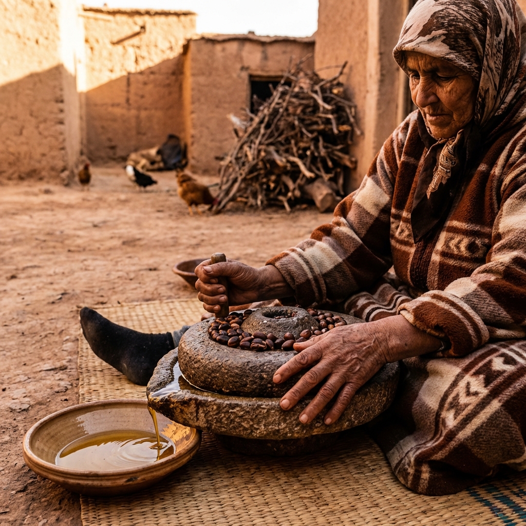 Femme artisane pressant l'huile d'argan